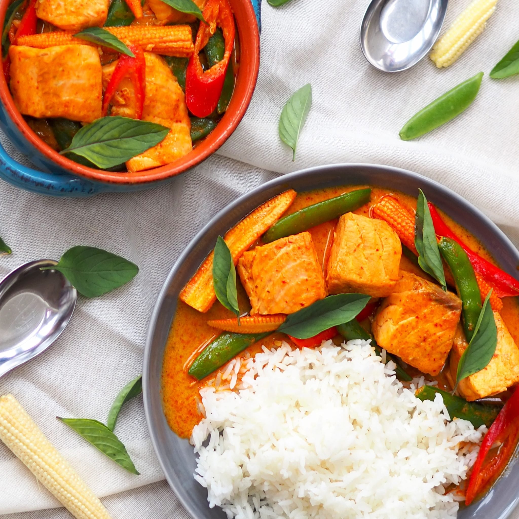 Salmon Thai Red Curry with Baby Corn and Sugar Snaps