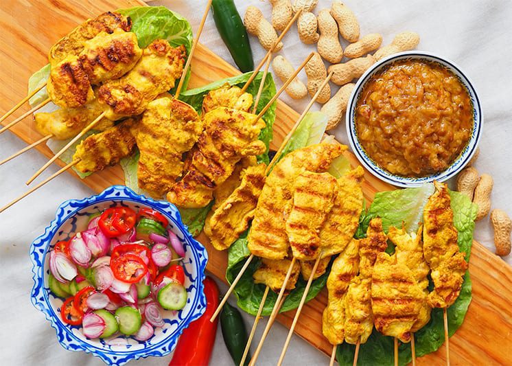 Chicken Satay with Peanut Sauce and Nam Ajad